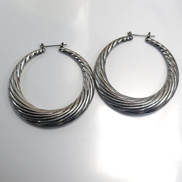 Vintage Textured Silver Hoop Earrings, Bold Large Statement Hoops for Women - Picture 4 of 10